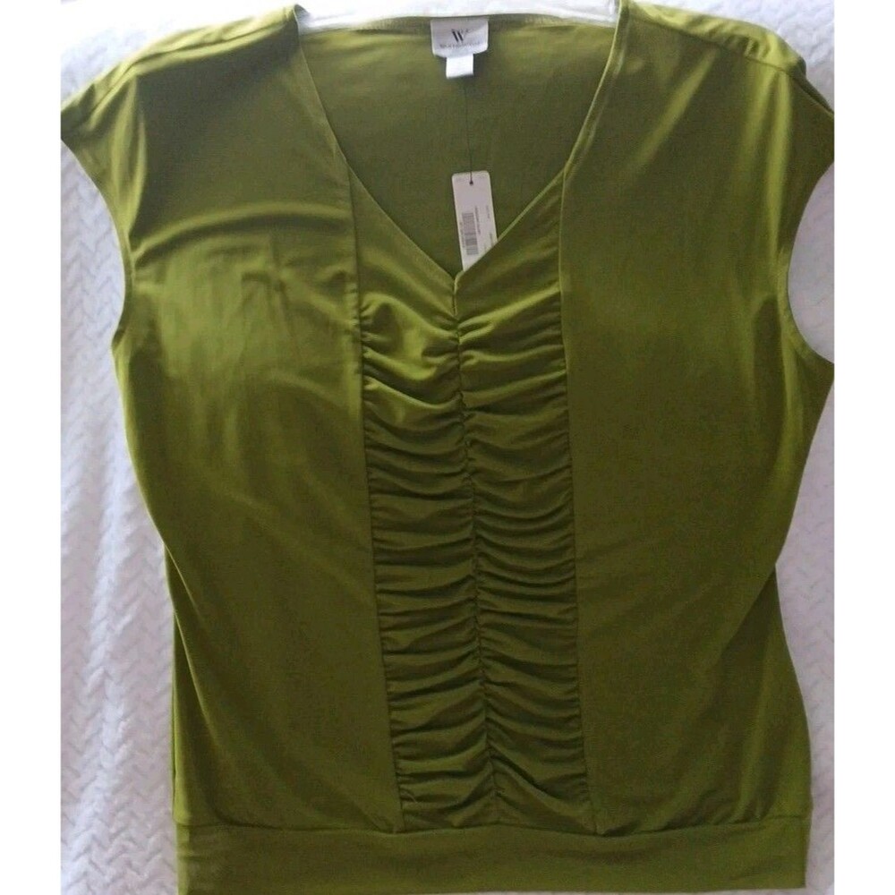 Worthington Womens LG Stretch Sleeveless Blouse Runched Front Chartreuse Green